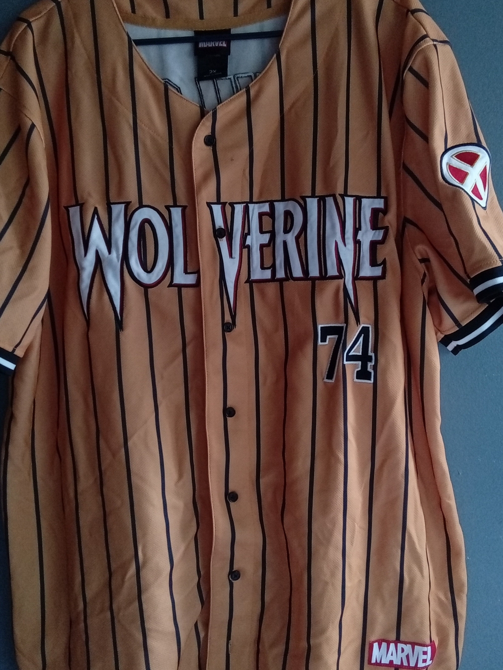 Marvel Wolverine X-Men Baseball Jersey Yellow Pinstripe Button Front Mens 2X 74
